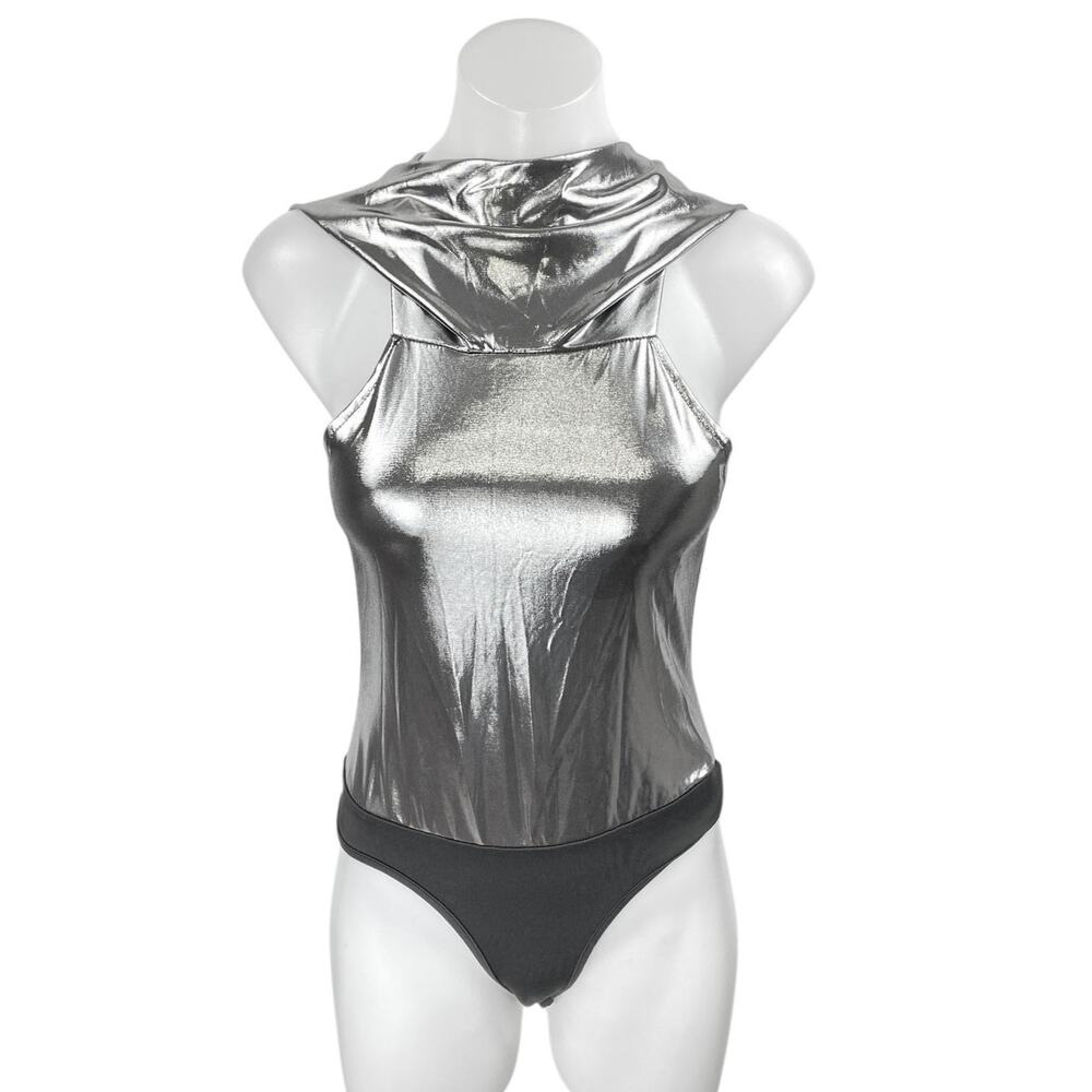 Women's Silver Gray Metallic Sleeveless Hooded Hoodie Bodysuit Tank Top Size S
